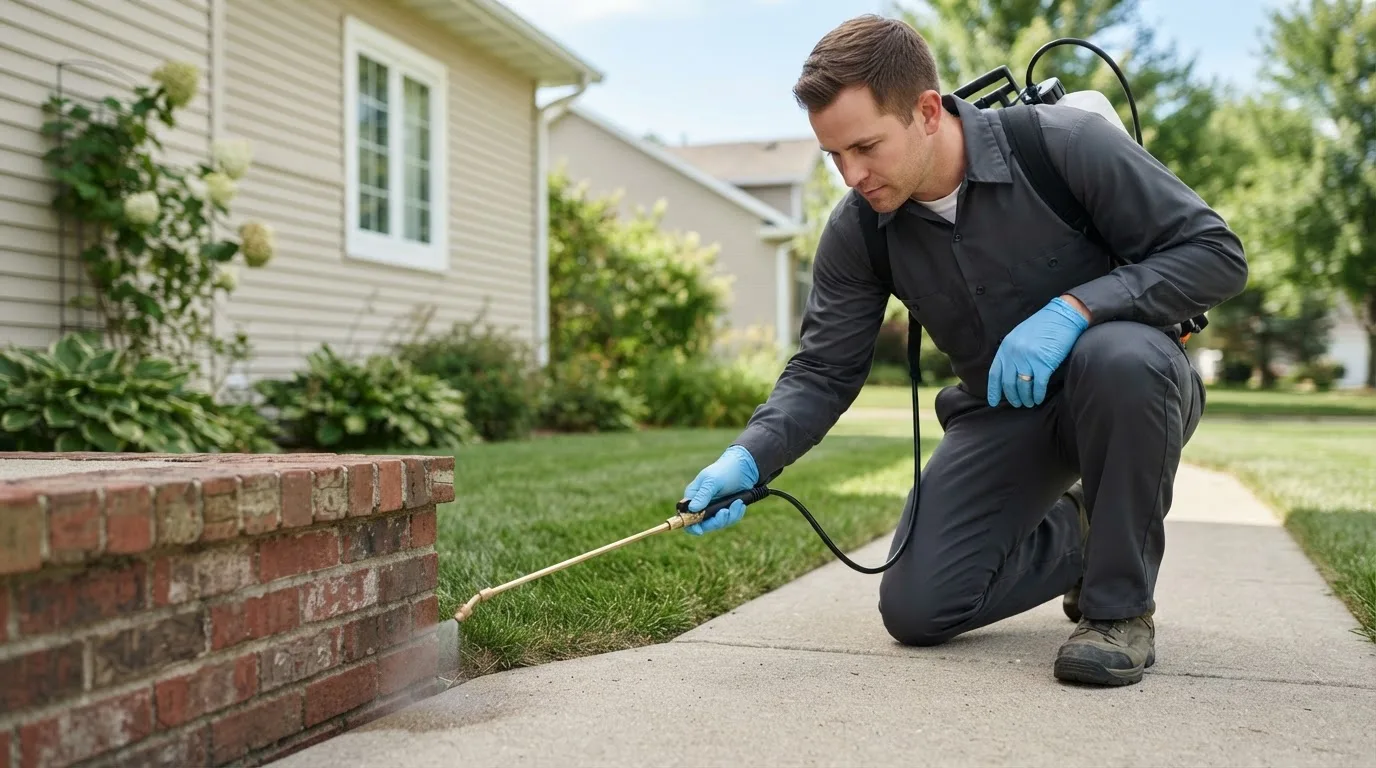 Pest control technician treating a home near Spalding, MI