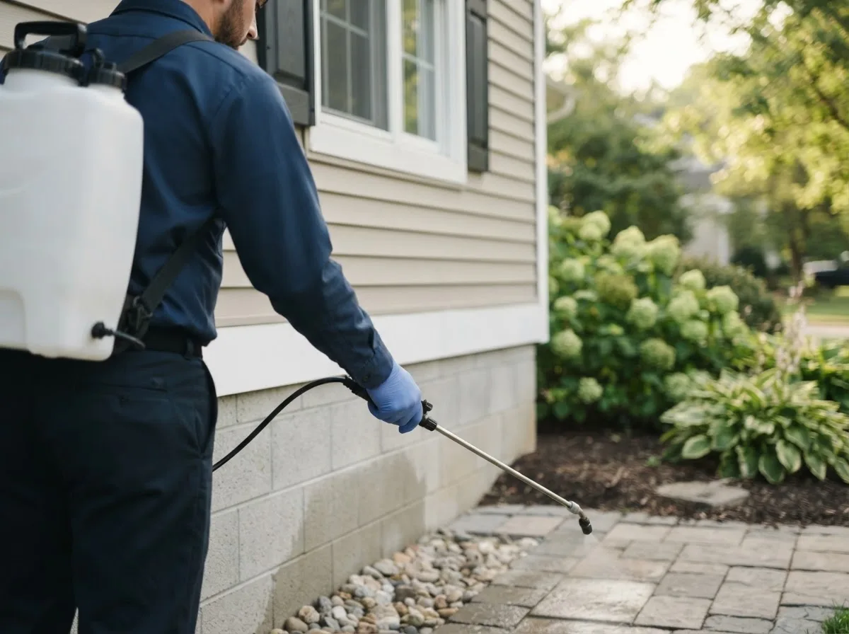 Pest control technician inspecting a home in Spalding, MI